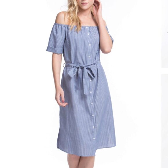 Lumiere Anthropologie blue and white stripe off the shoulder dress - Picture 1 of 6